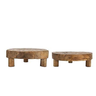 A&B Home Teak Wood Footed Round Decorative Tray Table Decor 2-piece Set