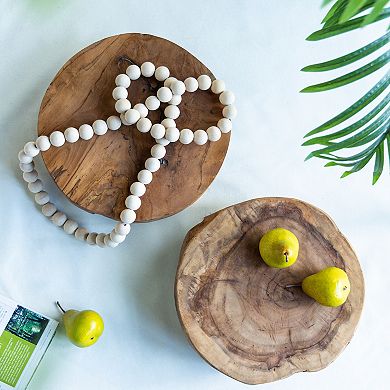 A&B Home Teak Wood Footed Round Decorative Tray Table Decor 2-piece Set