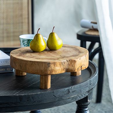 A&B Home Teak Wood Footed Round Decorative Tray Table Decor 2-piece Set