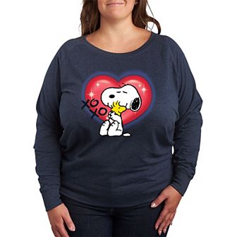 Plus Size Peanuts Snoopy & Woodstock Heart French Terry Long Sleeve Tee