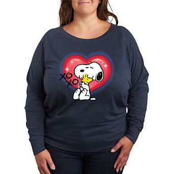 Plus Size Peanuts Snoopy & Woodstock Heart French Terry Long Sleeve Tee