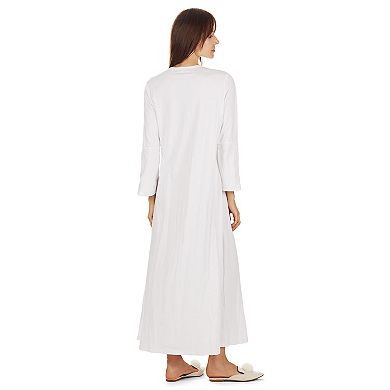 Women's Bell Sleeve Trimmed Long Cotton Blend Placket Gown