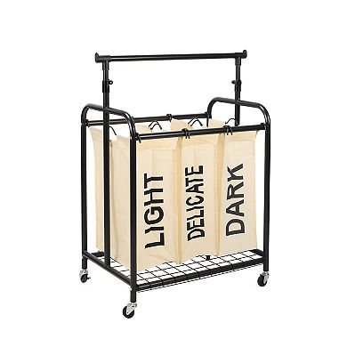 Oceanstar 3-Bag Rolling Laundry Sorter with Adjustable Hanging Bar