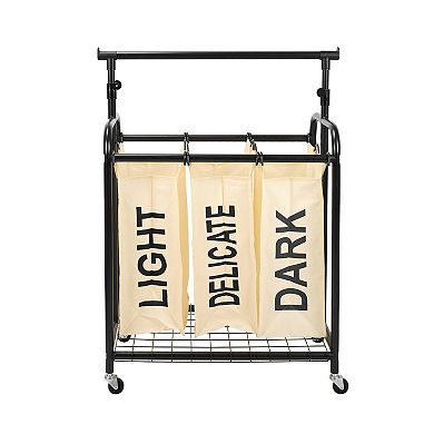 Oceanstar 3-Bag Rolling Laundry Sorter with Adjustable Hanging Bar