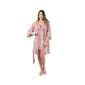 Women's Crushed Velvet Floral Lace Trim Kimono Robe