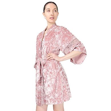 Women's Crushed Velvet Floral Lace Trim Kimono Robe