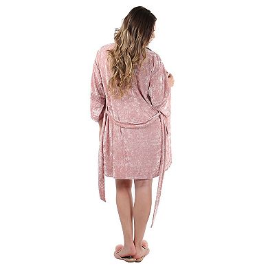 Women's Crushed Velvet Floral Lace Trim Kimono Robe