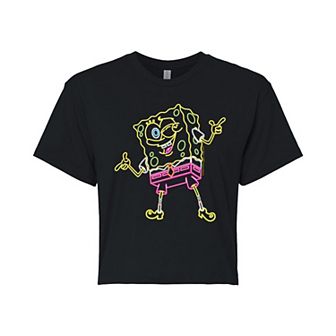 Juniors' Nickelodeon Spongebob Neon Spongebob Cropped Graphic Tee