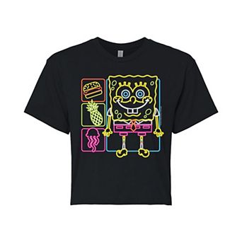 Juniors' Spongebob Neon Icons Cropped Graphic Tee