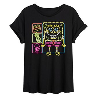 Juniors' Nickelodeon Spongebob Neon Icons Oversized Graphic Tee