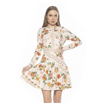 Women's ALEXIA ADMOR Alexa Long Sleeve Lace Trim Floral Print Mini Dress