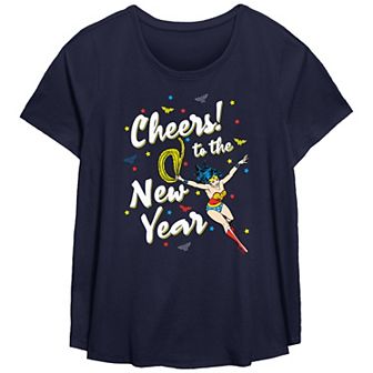 Plus Size Wonder Woman Cheers To The New Year Scoop Hem Flow Graphic Tee