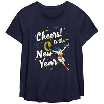 Plus Size Wonder Woman Cheers To The New Year Scoop Hem Flow Graphic Tee