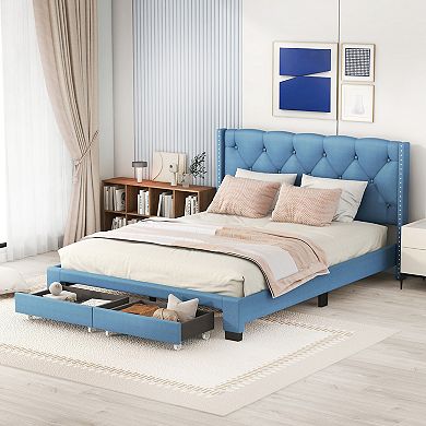 Merax Storage Bed Velvet Upholstered Platform Bed with a Big Drawer