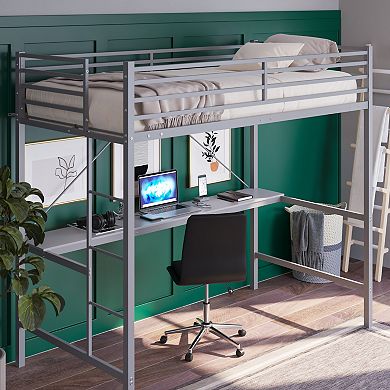 Emma and Oliver Jensen Metal Loft Bed Frame with Desk, Protective Guard Rails and Ladder