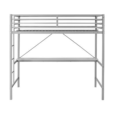 Emma and Oliver Jensen Metal Loft Bed Frame with Desk, Protective Guard Rails and Ladder