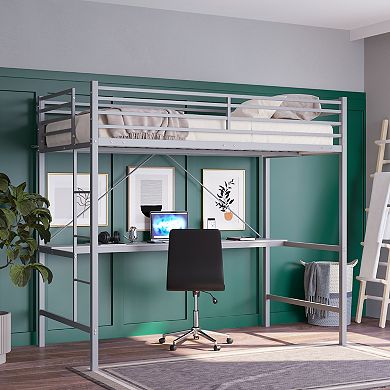 Emma and Oliver Jensen Metal Loft Bed Frame with Desk, Protective Guard Rails and Ladder