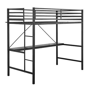 Emma and Oliver Jensen Metal Loft Bed Frame with Desk, Protective Guard Rails and Ladder