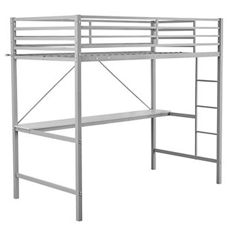 Emma and Oliver Jensen Metal Loft Bed Frame with Desk, Protective Guard Rails and Ladder