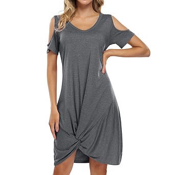Women V Neck T-shirt Dresses Swing Short Sleeve Cold Shoulder Tunic Twist Knot Midi Shirt Dress