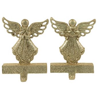 Set of 2 Gold Angel Glittered Christmas Stocking Holders 5.5"