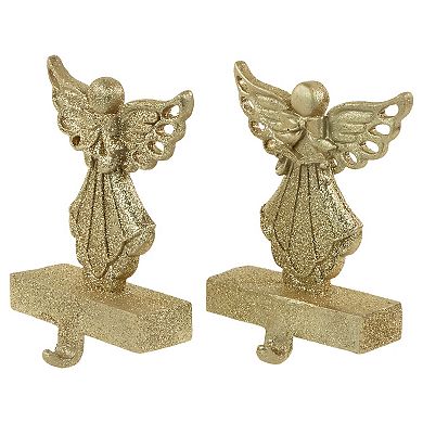 Set of 2 Gold Angel Glittered Christmas Stocking Holders 5.5"