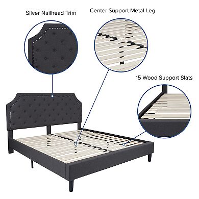 Merrick Lane Provence Platform Bed with Slatted Support, Tufted Upholstery and Accent Nail Trim