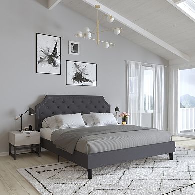 Merrick Lane Provence Platform Bed with Slatted Support, Tufted Upholstery and Accent Nail Trim