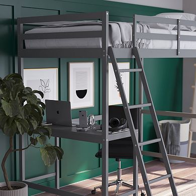 Emma and Oliver Ridley Wood Loft Bed Frame with Protective Guardrails and Integrated Desk and Ladder