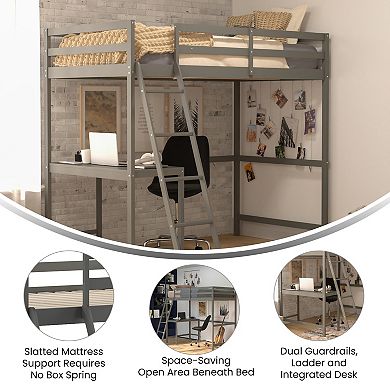 Emma and Oliver Ridley Wood Loft Bed Frame with Protective Guardrails and Integrated Desk and Ladder