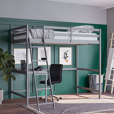 Emma and Oliver Ridley Wood Loft Bed Frame with Protective Guardrails and Integrated Desk and Ladder