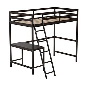 Emma and Oliver Ridley Wood Loft Bed Frame with Protective Guardrails and Integrated Desk and Ladder