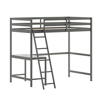 Emma and Oliver Ridley Wood Loft Bed Frame with Protective Guardrails and Integrated Desk and Ladder