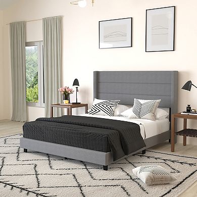 Merrick Lane Percy Modern Platform Bed with Padded Channel Stitched Upholstered Wingback Headboard