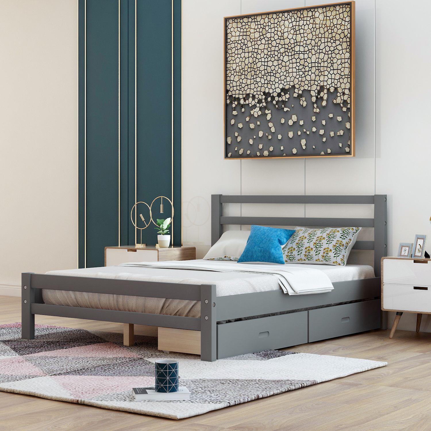 Merax Full Size Wood Platform Bed With Two Drawers