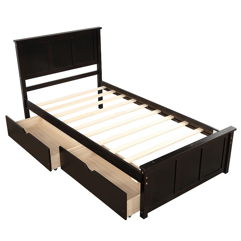 Black twin-size platform bed frame with two large under-bed drawers pulled out