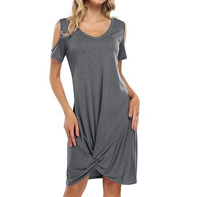 Women V Neck T-shirt Dresses Swing Short Sleeve Cold Shoulder Tunic Twist Knot Midi Shirt Dress