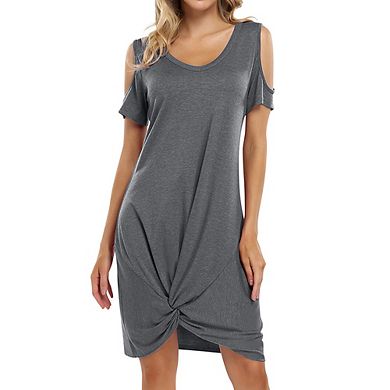 Women V Neck T-shirt Dresses Swing Short Sleeve Cold Shoulder Tunic Twist Knot Midi Shirt Dress