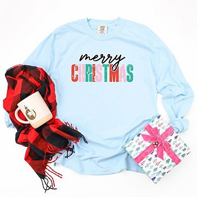 Merry Christmas Distressed Garment Dyed Long Sleeve Tees