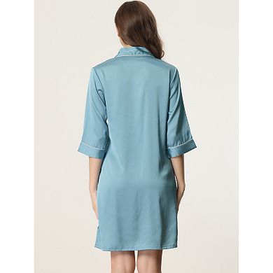 Womens Satin 3/4 Sleeve Button Down Nightshirt