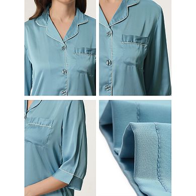 Womens Satin 3/4 Sleeve Button Down Nightshirt