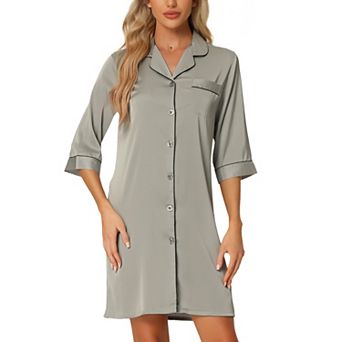 Womens Satin 3/4 Sleeve Button Down Nightshirt