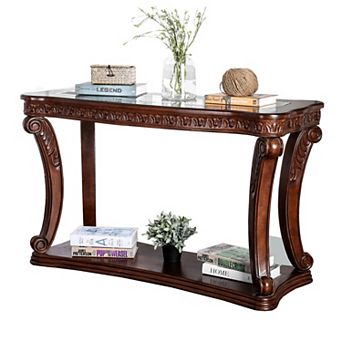 Traditional Sofa Table with Cabriole Legs and Wooden Carving, Brown