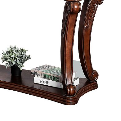 Traditional Sofa Table with Cabriole Legs and Wooden Carving, Brown
