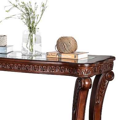 Traditional Sofa Table with Cabriole Legs and Wooden Carving, Brown