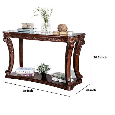 Traditional Sofa Table with Cabriole Legs and Wooden Carving, Brown