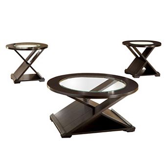 3 pc Round Glass Coffee Table and End Table with X Shaped Base, Brown