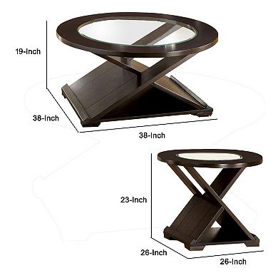 3 Piece Round Glass Coffee Table and End Table with X Shaped Base, Brown