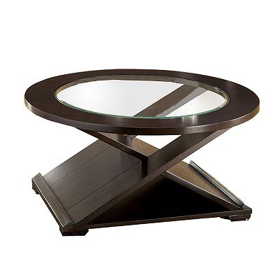 3 Piece Round Glass Coffee Table and End Table with X Shaped Base, Brown