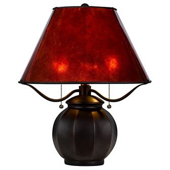 20 Inch Table Lamp, Vintage Red Amber Mica Shade, Upturned Arms, Round Body